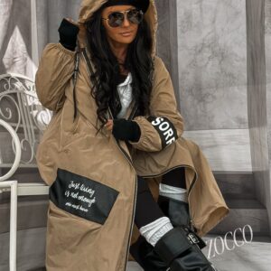 Zocco długi płaszcz damski z kapturem i naszywkami camel oversize M-XL