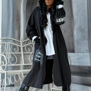 Zocco długi płaszcz damski z kapturem i naszywkami camel oversize M-XL